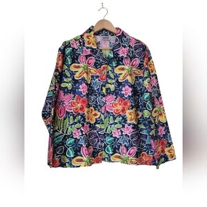Vintage Chicos Shirt Womens Size 2 Floral 100% Silk Beaded